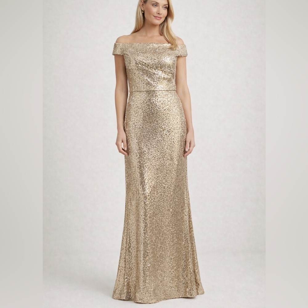 Dessy Collection Elegant Gold Sequin Off-Shoulder Maxi Gown Size 8 NWT